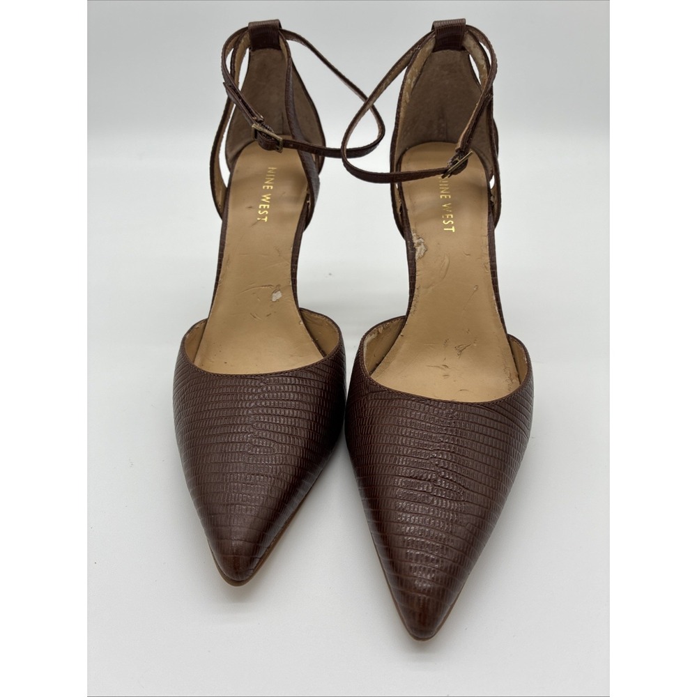Nine West Pointed d'Orsay Ankle-Strap Pumps - Brown Lizard Embossed, Size 7.5